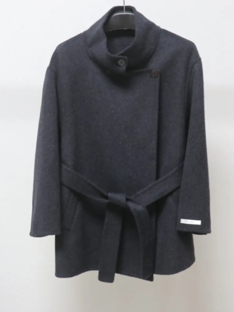 معطف قصير من مزيج الصوف للسيدات من ZMEENNA بياقة واقفة وأزرار لأعلى وحزام خصر أنيق ودافئ ملابس خارجية للشتاء ZM4640