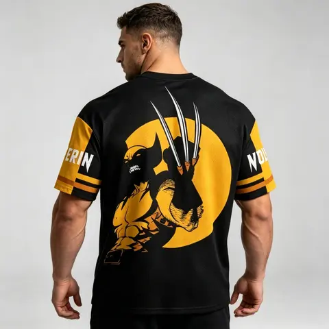 Canada Superhero Wolverine X‑Men Mesh Jersey Retro Comic Print Loose Short Sleeve Dad-son Streetwear Sports T‑Shirt Fan Apparel