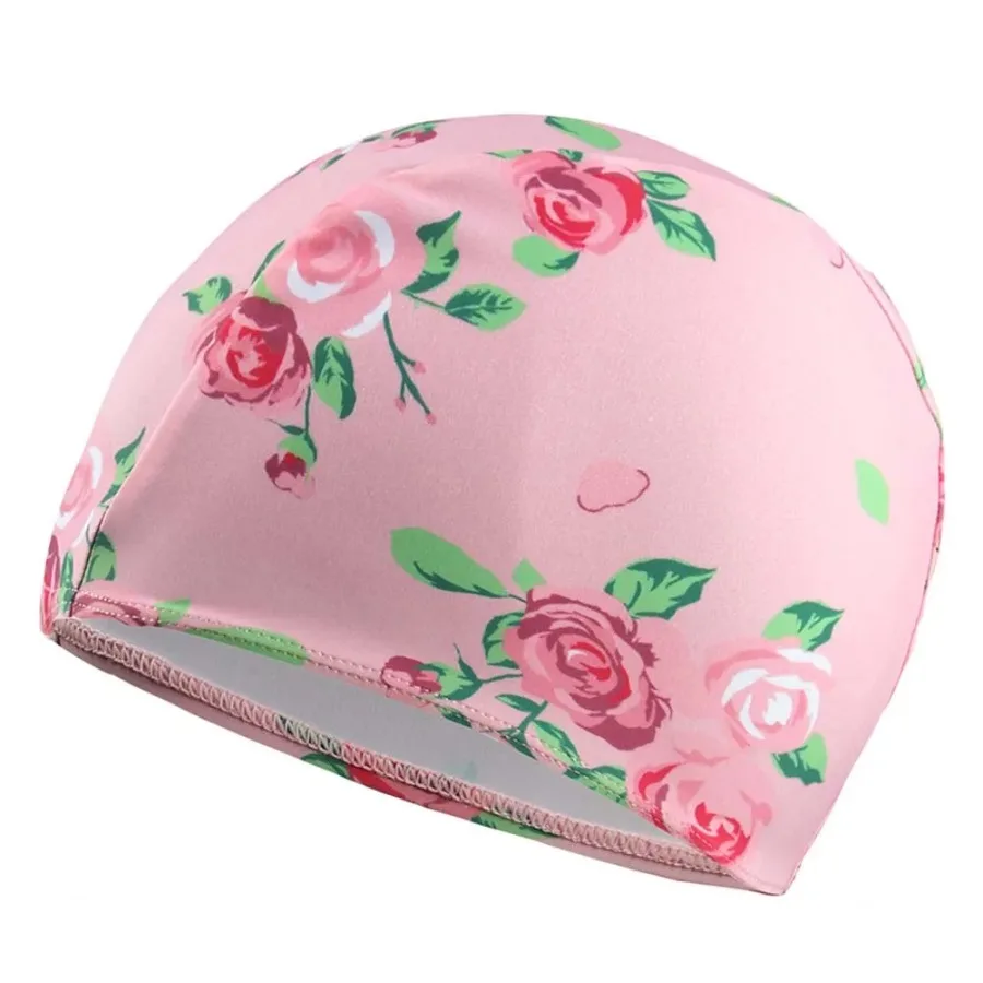 

Kids Elastic Swimming Cap Cloth Fabric Swim Caps Pink Rose Print Bathing Cap