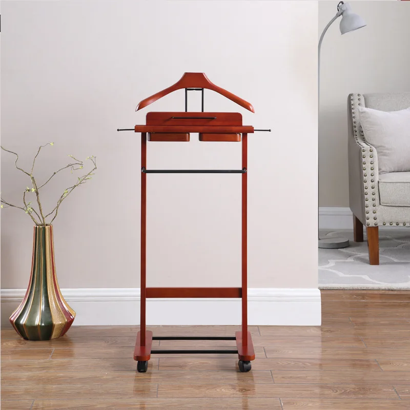 Home American Solid Wood Coat Rack Suit Rack Burgundy New Chinese Modern Suit Rack Mobile Belt Pulley