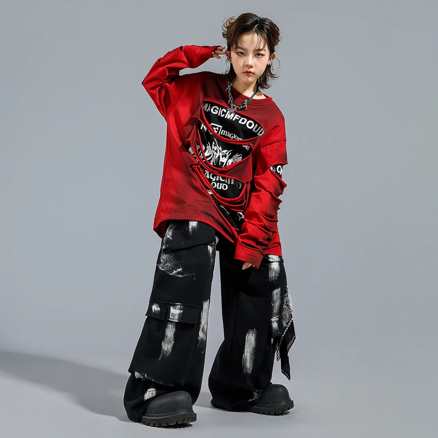 Sweat-shirt rétro Hip Hop pour garçons et filles, pantalon de danse de rue déchiré, ensembles de vêtements K-pop, Costumes de Jazz pour enfants et adolescents, Streetwear