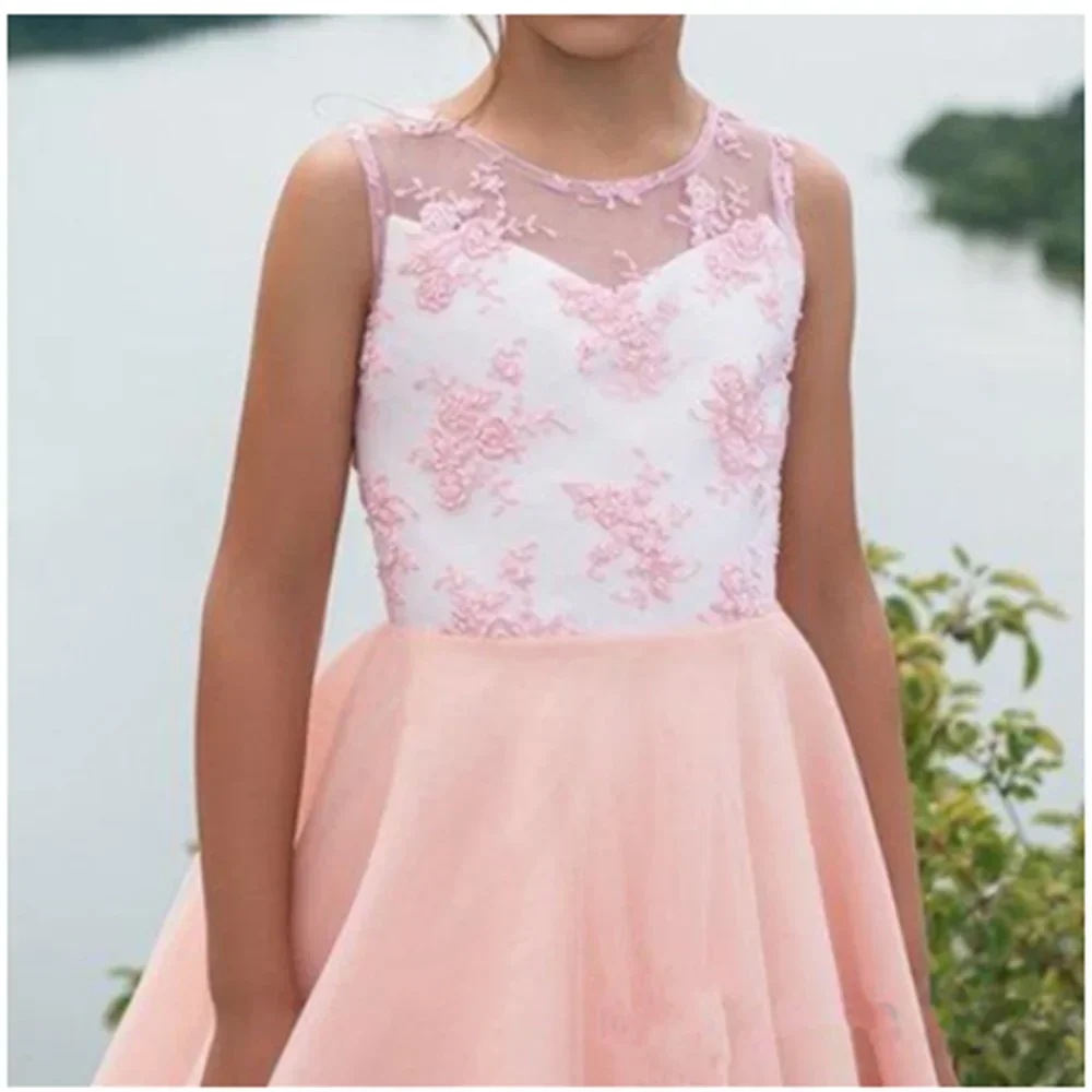 أحمر الخدود زهرة فتاة فستان الشيفون جولة الرقبة أكمام الأطفال فتاة الزفاف حفلة عيد ميلاد أول بالتواصل عطلة ثوب