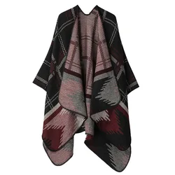 Nordic Retro White Print Poncho Cardigan Faux Cashmere Women Shawl Scarf Jackets Tie-dye Black Blanket Cape Pashmina Claok Coats