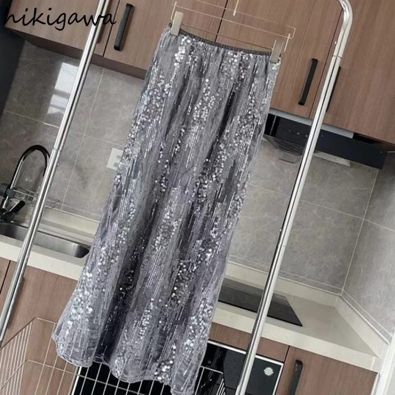 

Fashion Long Skirts Women's Clothing High Waist A-line Jupe Temperament Heavy Sequined Casual Saia Loose Casual Korean Y2k Skirt