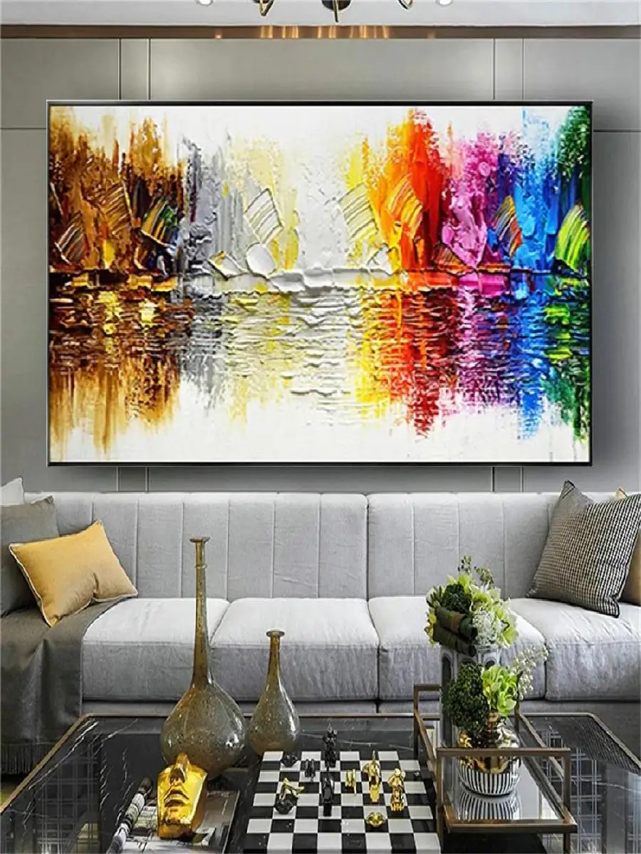 Large HandPainted Oil Painting on Canvas  Panoramic Colorful Texture Knife Painting of Lakeside Woods for Living Room Wall Decor