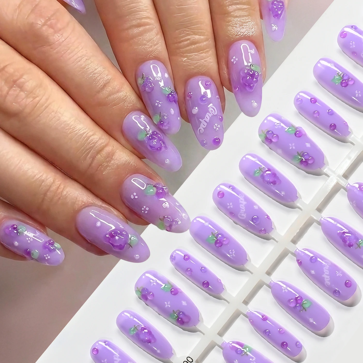 150Pcs Purple Grape Medium Oval Press On Nails Almond Shaped Full Cover Fake Nail Summer Fruits Wearable False Fingernails Tips view 4