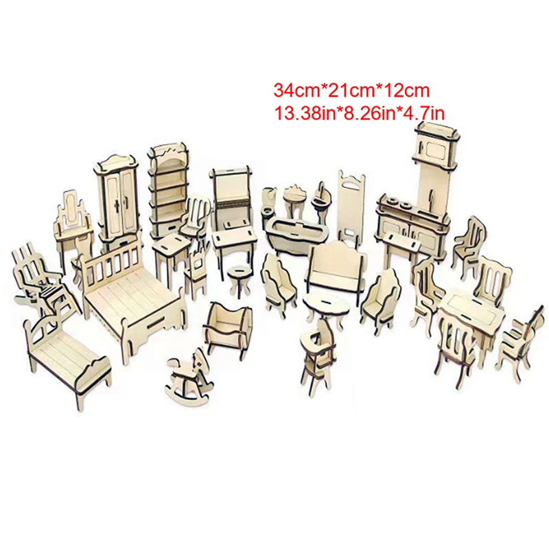 Wood Mini Furniture 34-piece Model Set Doll House DIY Simulation Home Decoration