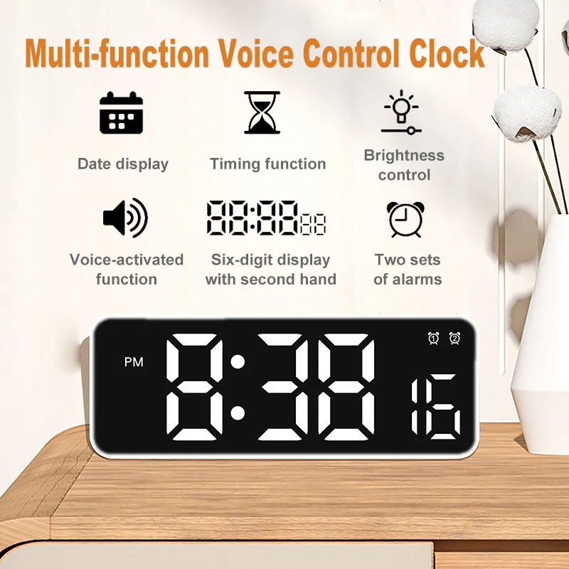 Digital Alarm Clock Voice Control Multi-function LED Clock Temp Date12/24H Display Positive/Countdown Desk Clock Room Decoration