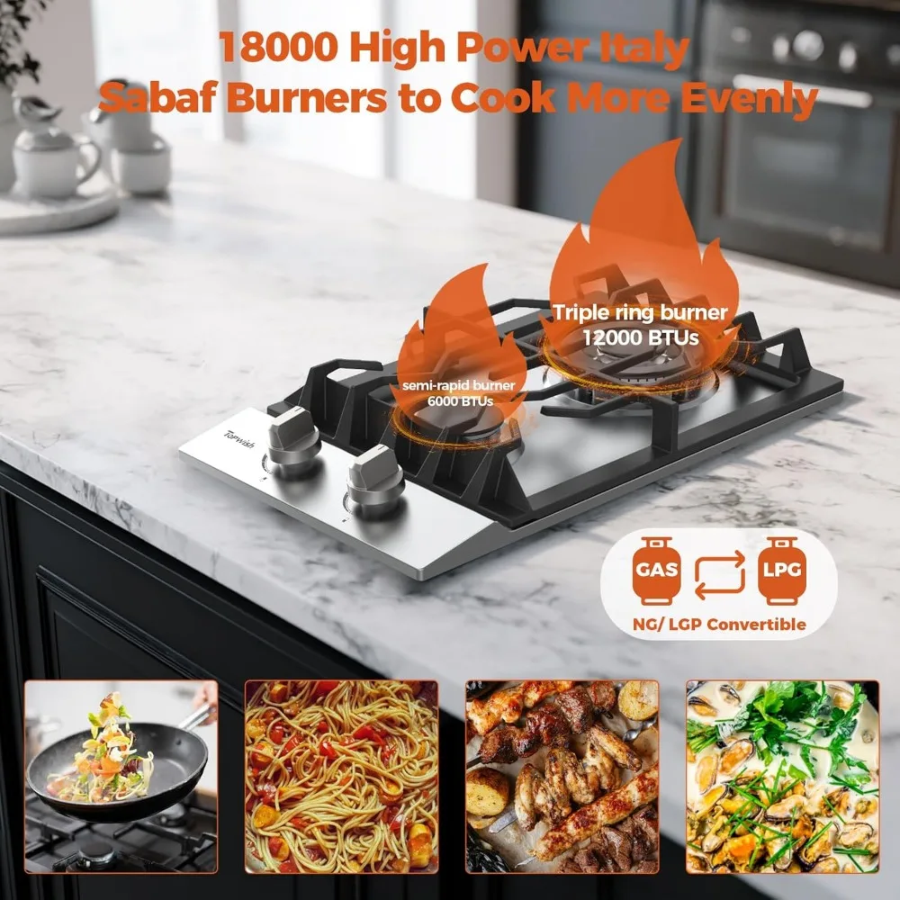موقد غاز مقاس 12 بوصة، موقد غاز TOPWISH مع شعلتين من SABAF عالي الكفاءة، NG/LPG قابلة للتحويل 304 من الفولاذ المقاوم للصدأ مدمجة