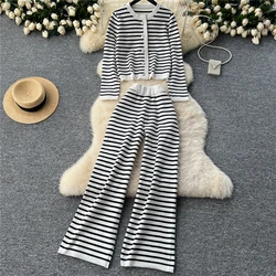 REALEFT Autumn Winter 2 Pieces Striped Women's Sets Knitting Tracksuit O-Neck Cardigan Sweater and Wide Leg Pants Suits 2024