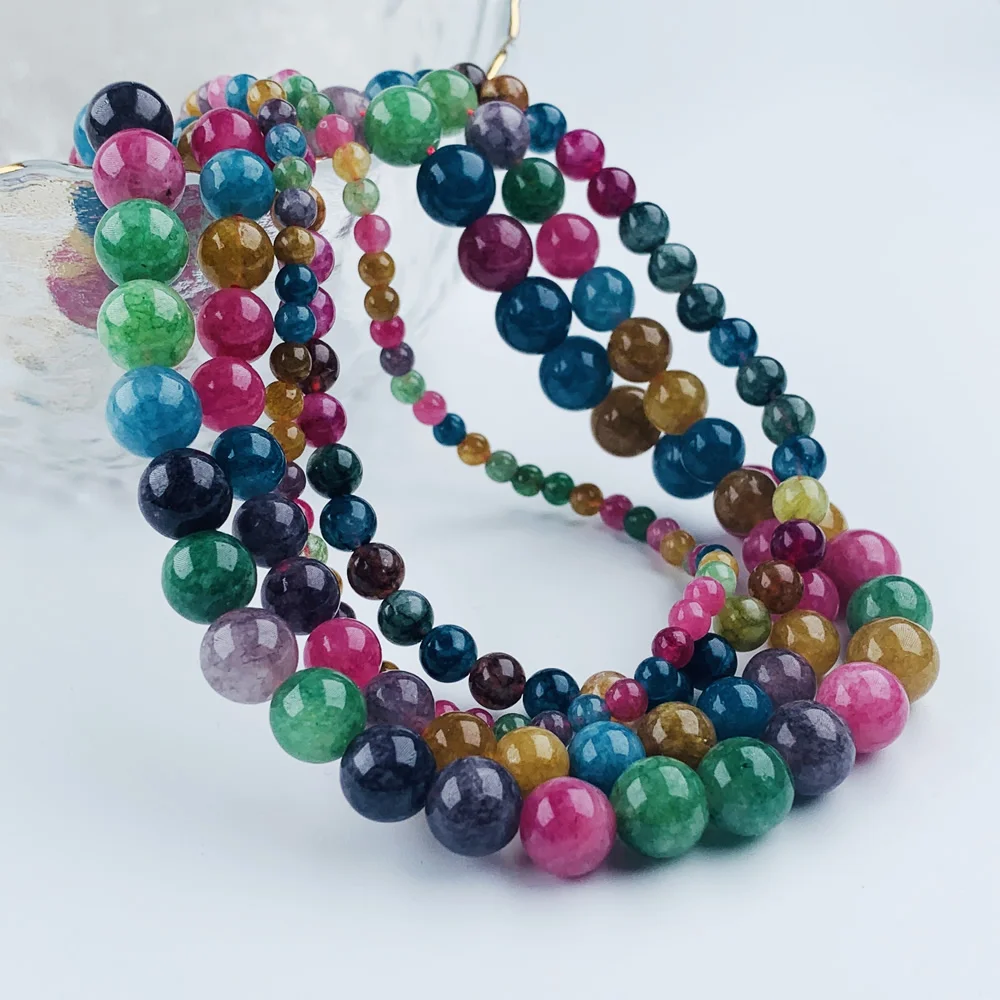 Colorful Tourmarline Stone Necklace 4/6/8/10mm Round Beads Mixed Natural Crystal Jades Stone Choker Jewelry Necklace Women Boho