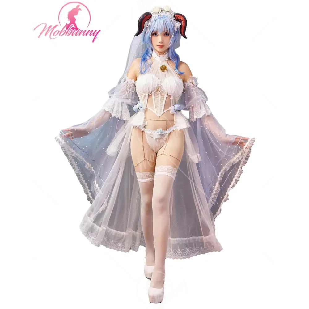 

Mobbunny Ganyu Derivative Sexy Lingerie Set Wedding Style Top and Panty Set with Veil and Thigh Stockings Cosplay Costumes