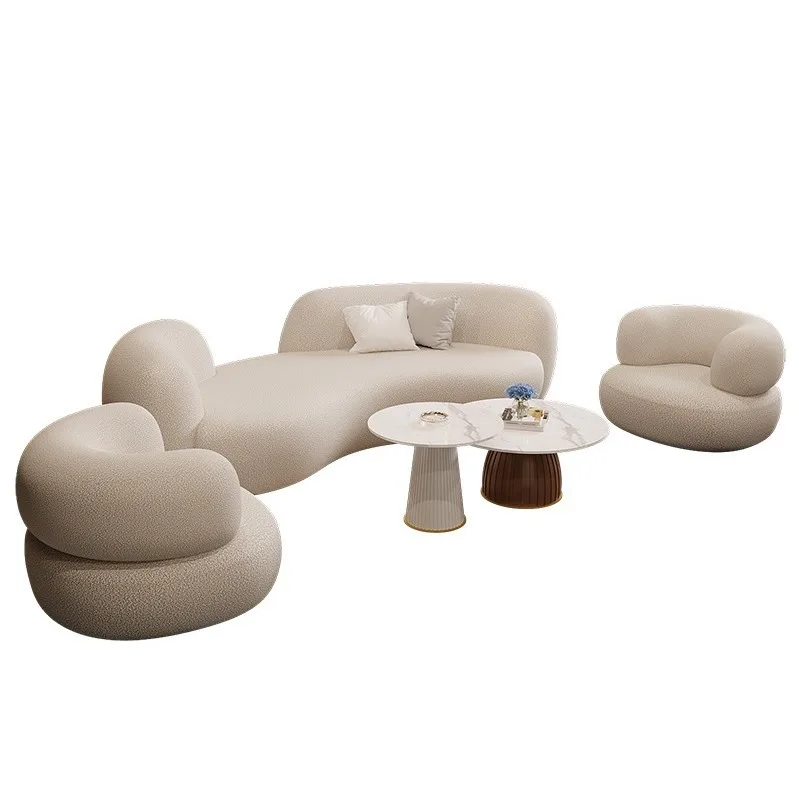 

curved, lamb wool, fabric sofa, light luxury small apartment, living room, reception
