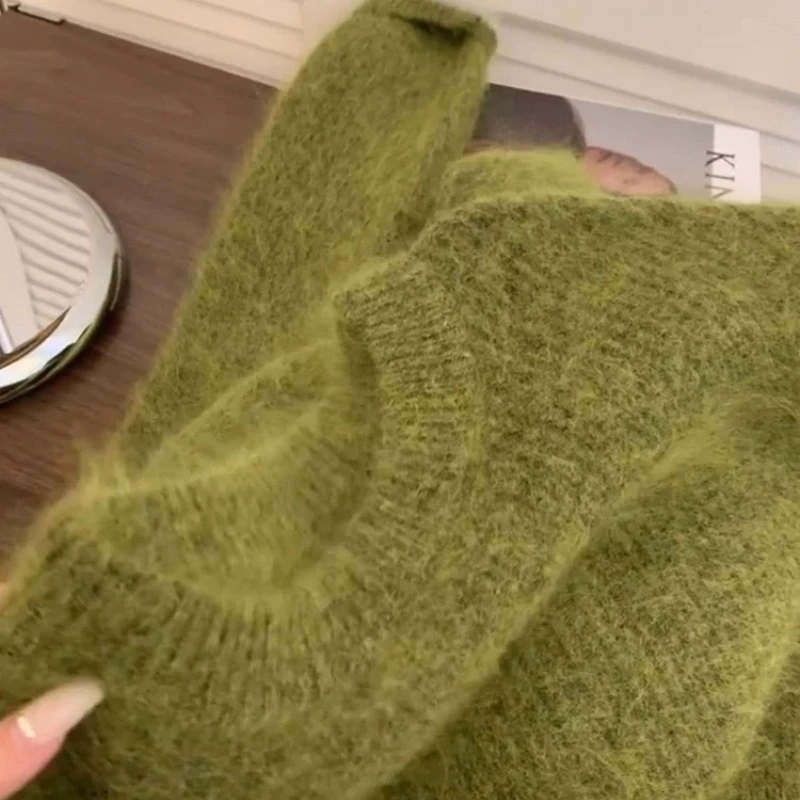 딥타운 캐주얼 그린 스웨터 여성 빈티지 우아한 하라주쿠 긴 소매 니트 풀오버 스위트 Y2k 가을 겨울 루즈 점퍼