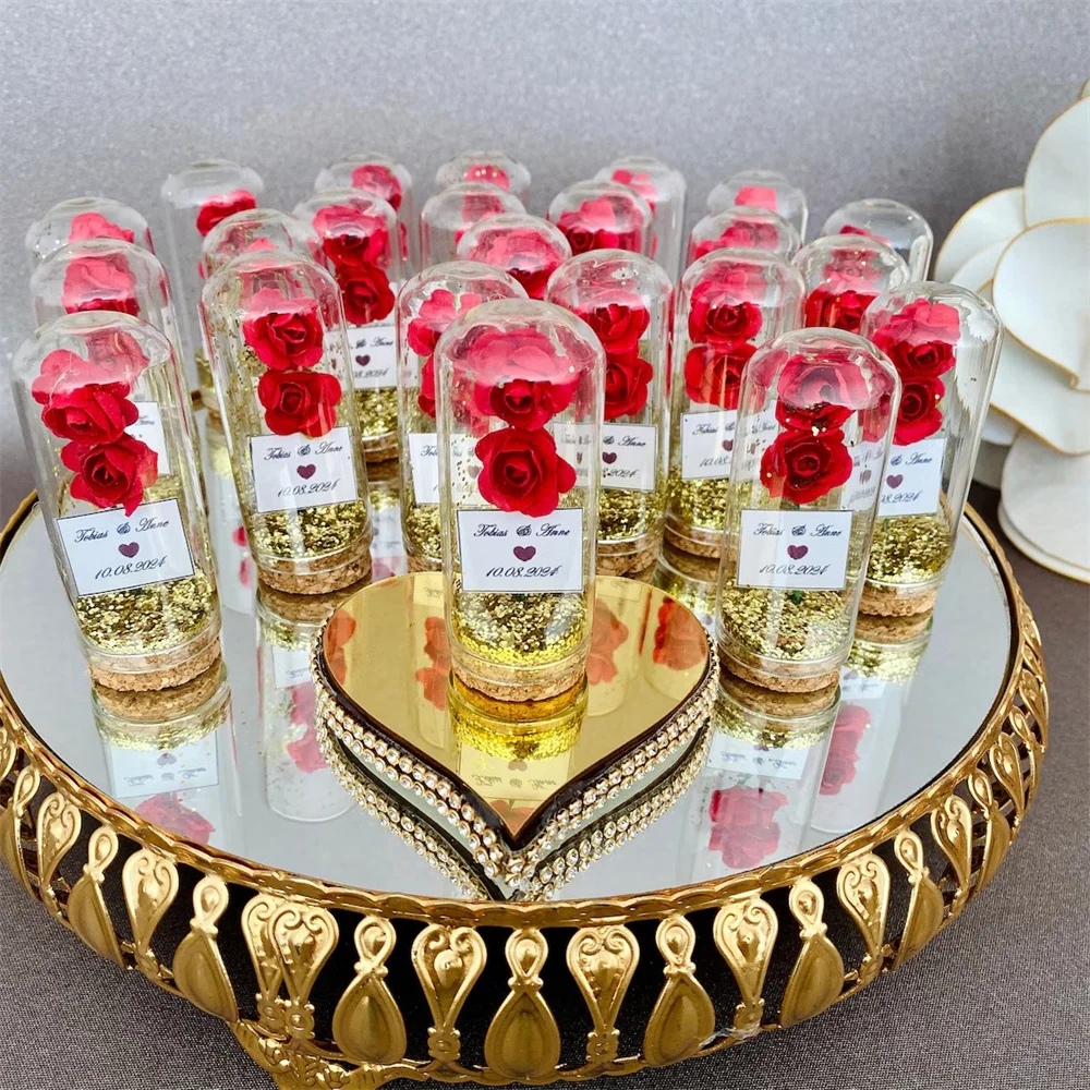 12Pcs Customizable Red Rose Gold Glitter Wedding Guest Gifts, Baby Baptism Shower Glass Rose Guest Favors, Birthday Party Return