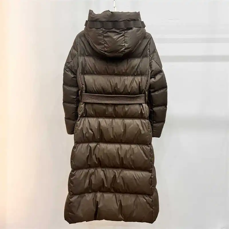 Slim Over the Knee Hooded Parka for Women, Long Down Jacket Warm Coat Lace-up Waist Thin Waist Coats Winter Fashion 90 Duck Down