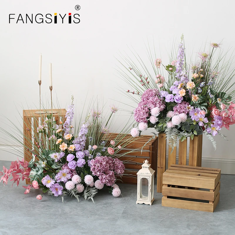 

Purple Green Artificial Flower Row Arrangement Wedding Road Lead Table Flowers Wedding Layout Party Flowers Wall Decoration prop