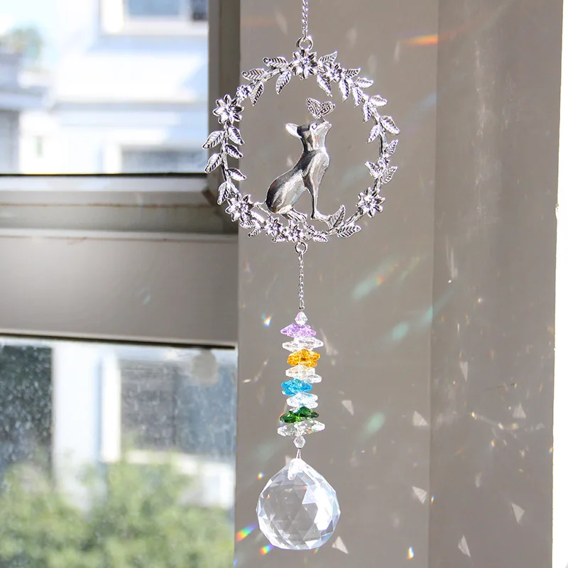 Wreath Memorial Dog Cat Thanksgiving Gift Crystal Sun Catcher Ornament Garden Decoration Wind Chime Crystal Pendant