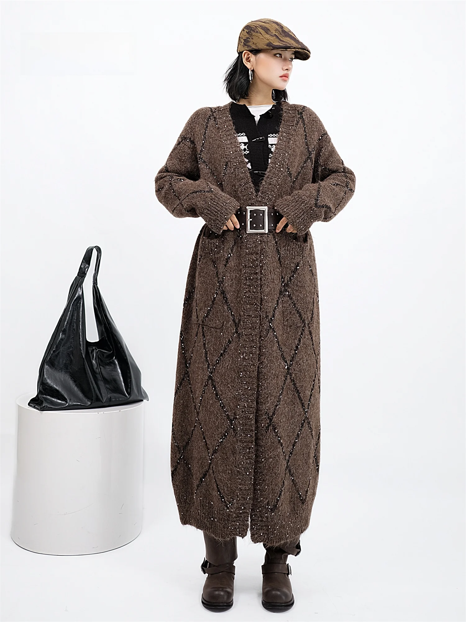 

Long Knitted Sweater Coat Women's Loose Feel Diamond Pattern Glitter Long Sve Autumn Winter Thiened V-ne Open Cardigan