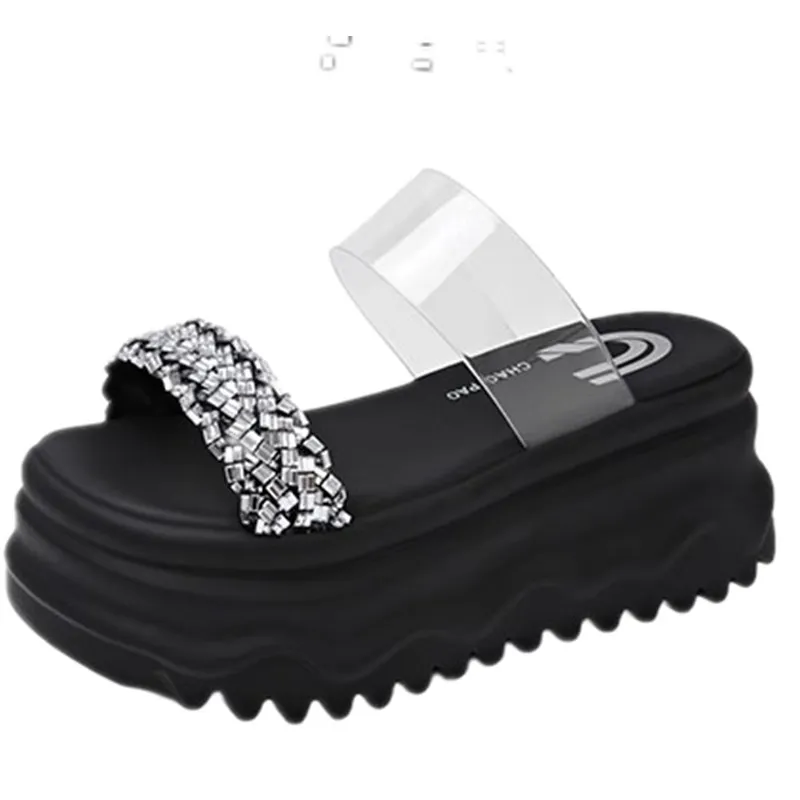 

Новые летние женские тапочки 7 см, шлепанцы, женская пляжная блестящая обувь, обувь на танкетке, женские тапочки на высокой платформе, уличные сандалии