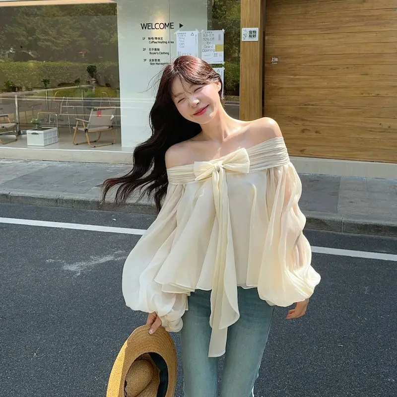 

Korea Chiffon Shirt Women Bowknot Slash Neck Off Shoulder Lantern Sleeve Ruffles Mesh Loose Backless Sweet Elegant Blouses Fairy