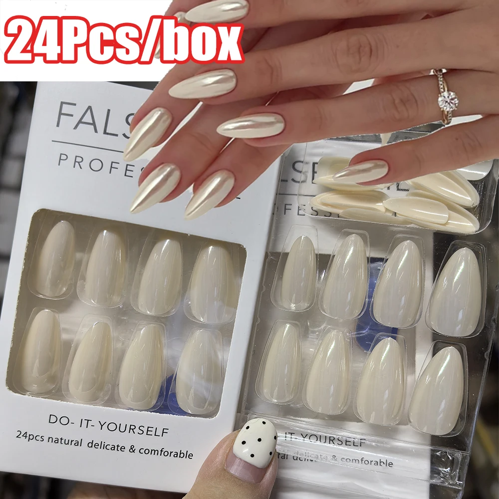 Faux ongles en amande mi-perlescente, couleur unie, brillant, couleur chair, pointes de manucure, couverture complète, 24 pièces/boîte