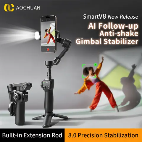 AOCHUAN Smart V8 Stabilizzatore per telefono con giunto cardanico portatile a 3 assi con asta di prolunga Treppiede Face Tracking per iPhone Android Tiktok Vlog