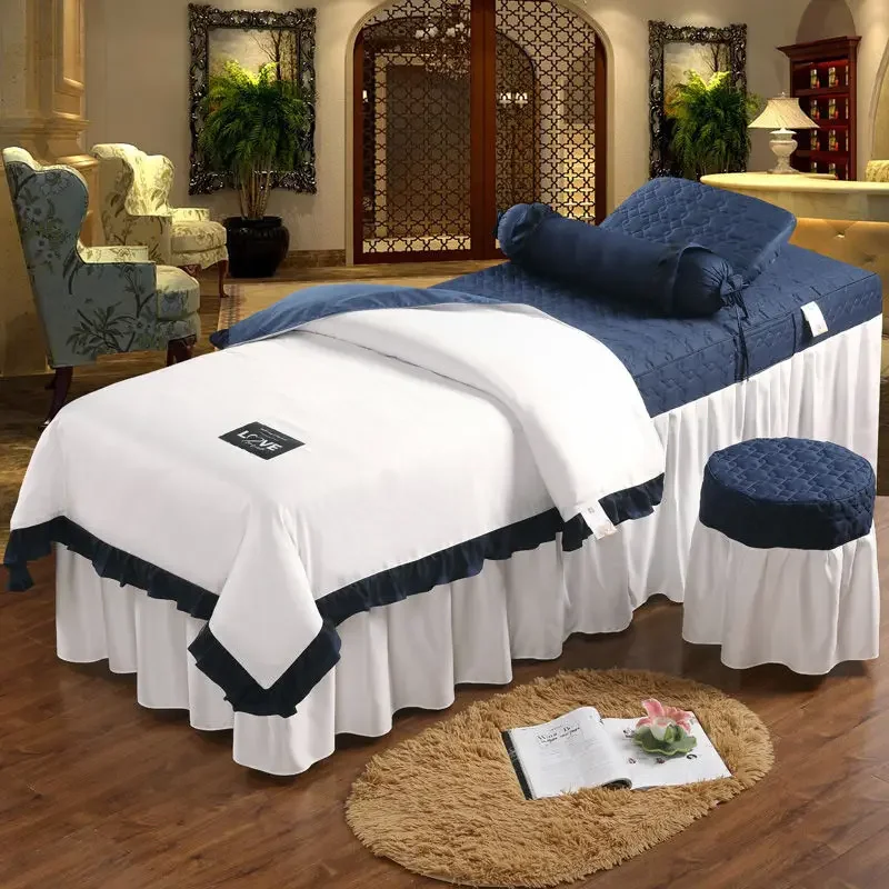 Patchwork 4pcs Beauty Salon Bed Cover Massage Spa Bedskirt, Pillowcase, StoolCover, Dulvet Cover Beddings Sets with Hole