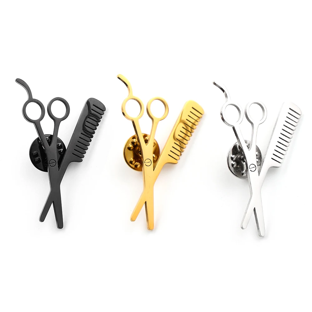 Stainless Steel Scissors Comb Lapel Pin Hairdresser Barber Badge Hair Stylist Brooch Pins Jewelry Gift for Men Salon Workers