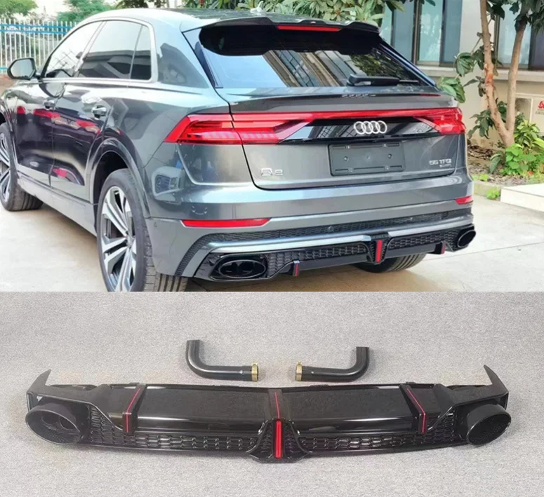 ABS Black Rear Bumper Diffuser& Exhaust Tips For Audi Q8 S-line Upgrade RSQ8 2019 2020 2021 2022 2023 Trunk Door Lip Spoiler