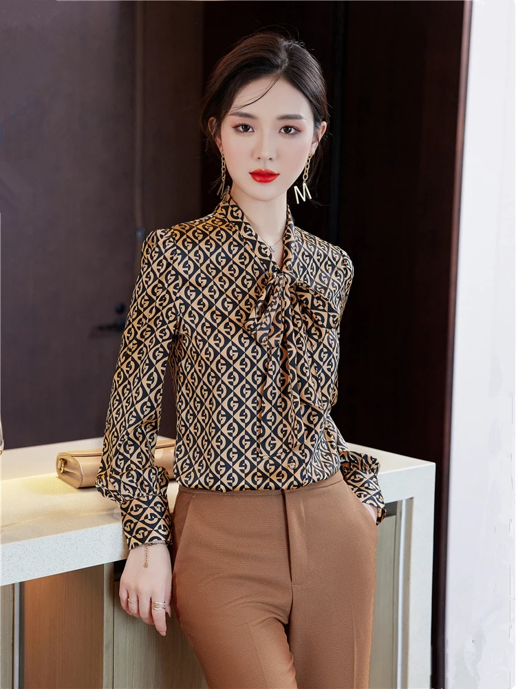 Vintage Long Sleeve Blouse for Women Casual Print Shirt Oversize Korean Fashion Bow Ribbon Top New Spring Summer Fall 2024