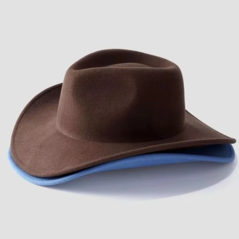 

Blue wide-edged wool felt adult cowboy hat business style, travel luggage type, adjustable head circumference