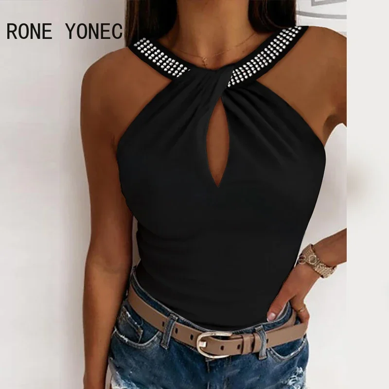 Women Chic Sexy Solid Criss Cross Rhinestone Sleeveless Summer Camis Crop Tops