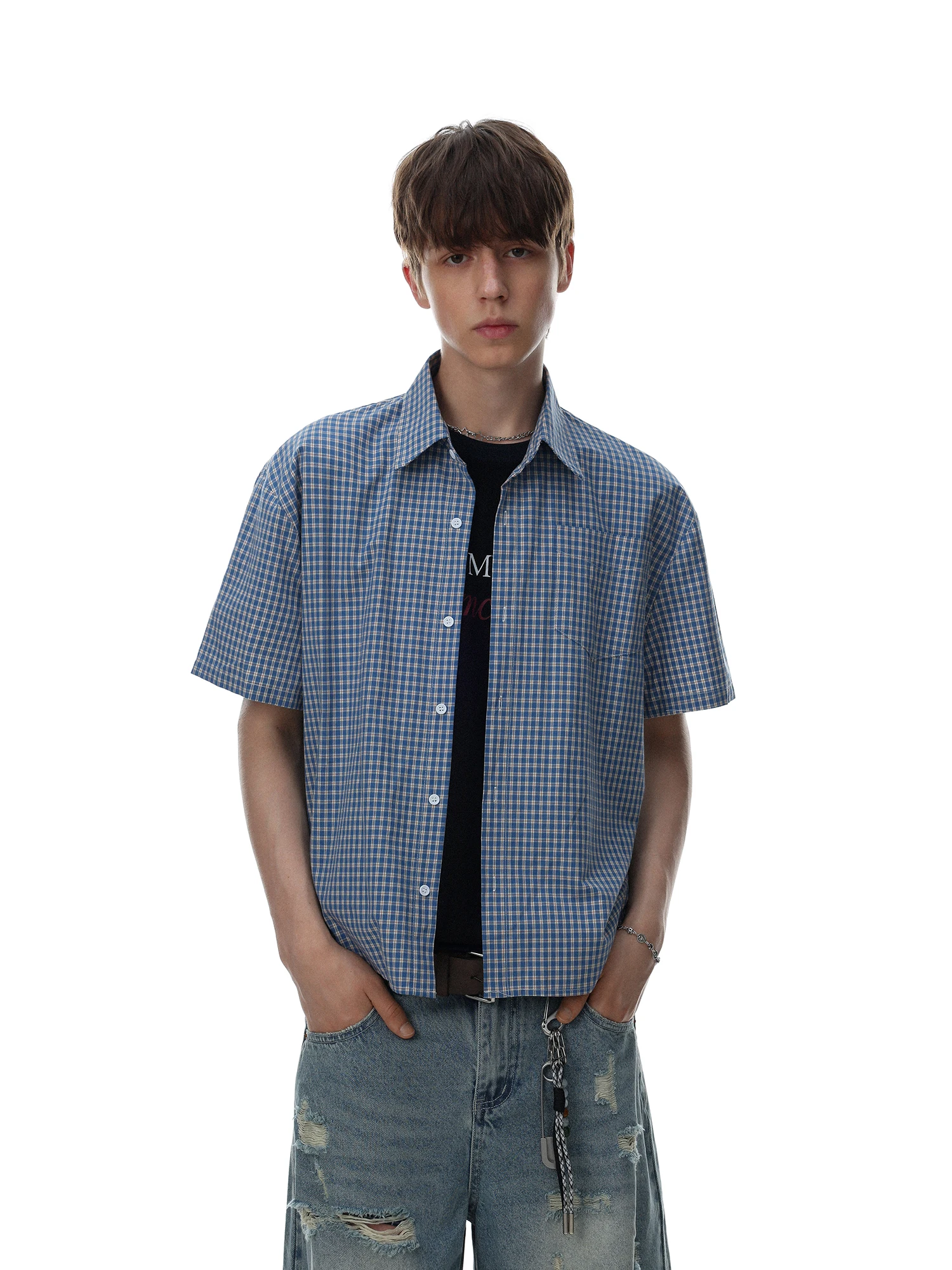 MRNEARLY American Retro Plaid Color Block Short Sleeve Men's Shirt Summer Loose Cotton Casual Fashionable Button up