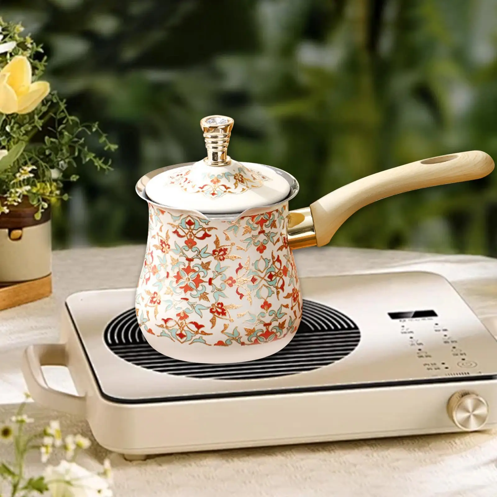 

500ml Turkish Coffee Pot Easy to Clean Chocolate Melting Pot Heavy Duty Portable Comfortable Grip Arabic with Long Wooden Handle