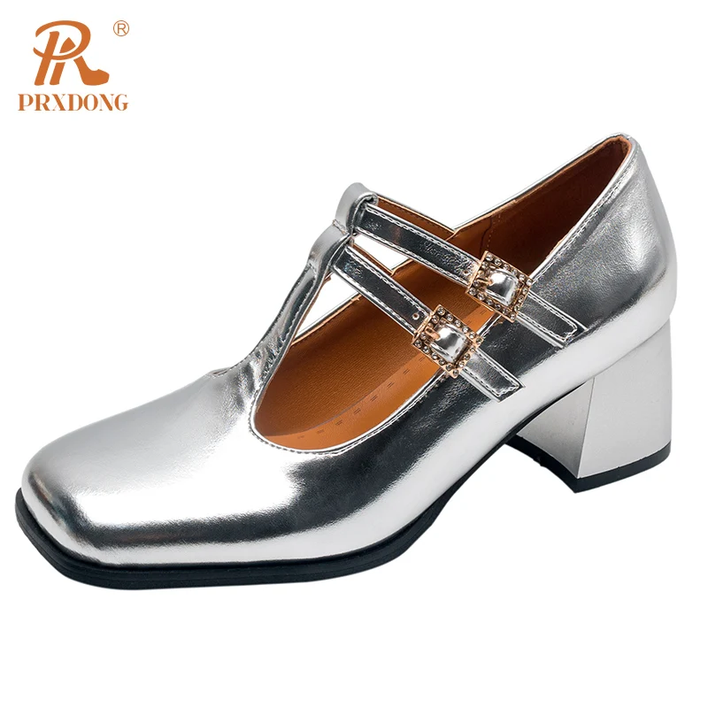 

PRXDONG New Classics Spring Summer Women Shoes Chunky High Heels T-strap Black Silver Mary Janes Dress Party Office Lady Pumps