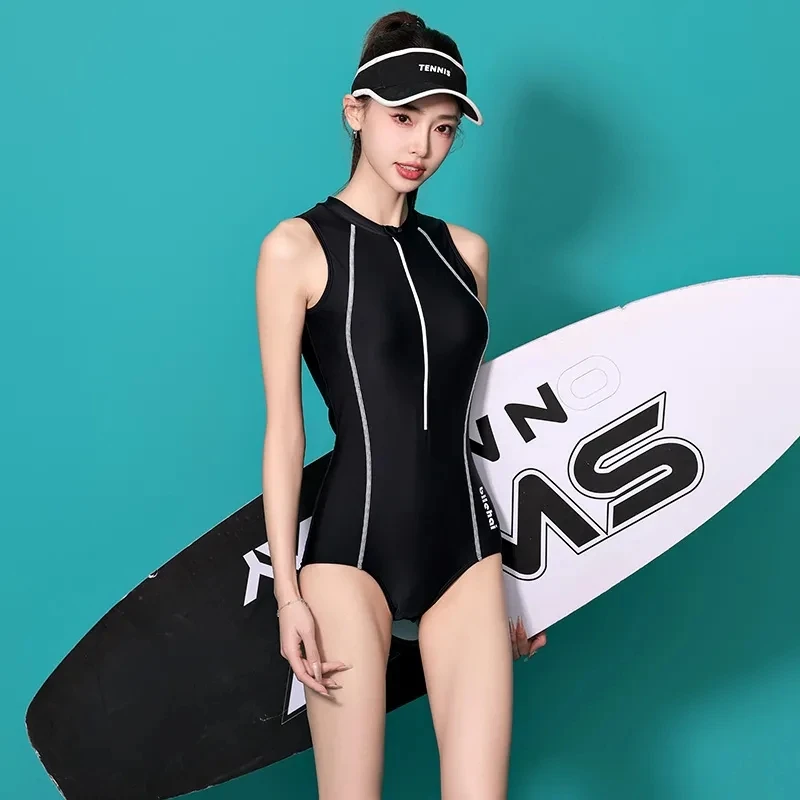 

One-piece Triangle Women Professional Sports Summer Conservative Belly Shading Slim Large Size Soak Spa Swimwear Striped Zipper