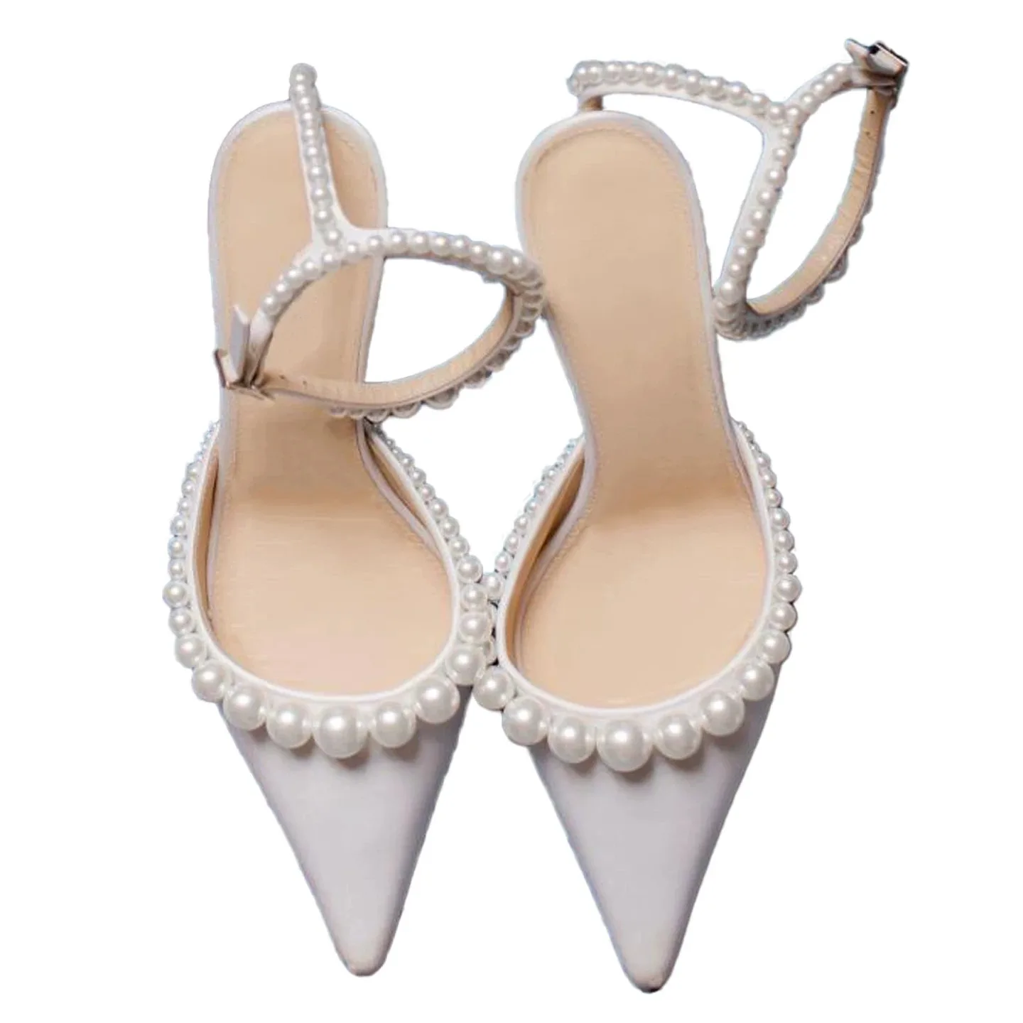 Women's White Leather Pointed Kitten Heels Pumps Sexy Pearl Ankle Strap Romantic Elegant Wedding Bridal Parties Lady Daily Shoes view 2