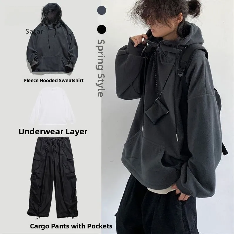 

Мужской осенне-зимний комплект с капюшоном, повседневный свободный крой Long Sve Pure Color, уличная одежда Lazy Sle, удобная смесь полиэстера