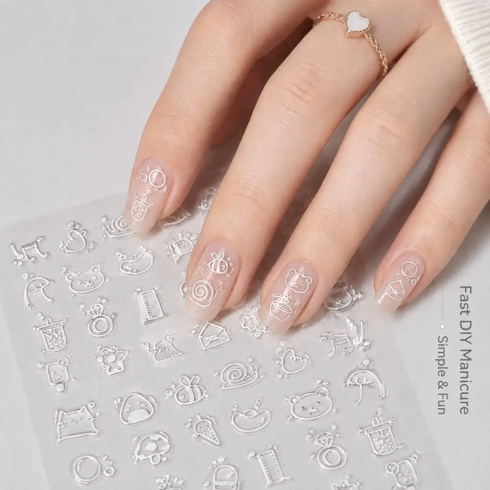 1Pc Cartoon Doodle Embossed Nail Stickers Mixed Simple Sketch Animal Floral Elements Sliders For Beginner Kawaii Manicure Decor