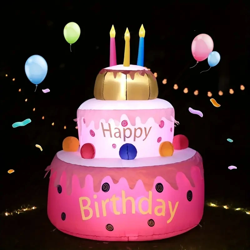 Inflatable Birthday Cake Outdoor Decorations with Candles LED Lighted Blow Up Happy Birthday Party Toys Home Garden Decorations