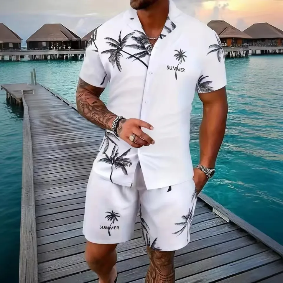 

Simple Men's 3D Palm Tree Print Short Sleeve Shirt Fashion Beach Pants Hawaii Vacation Style Summer OverSize Men's Clothing