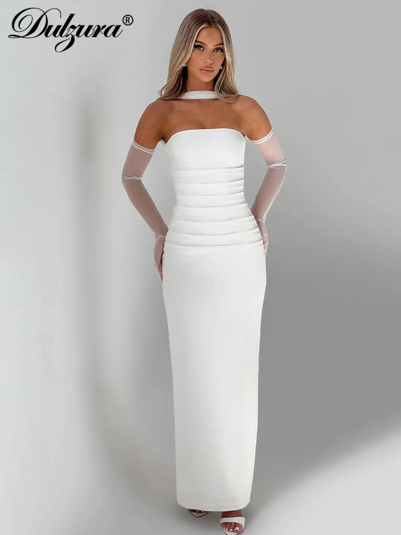 Dulzuraหน้าอกห่อBackless Bodycon RuchedกลับSlit Midiชุดตาข่ายถุงมือเซ็กซี่Elegant Tubeชุดยาวปาร์ตี้Clubwear