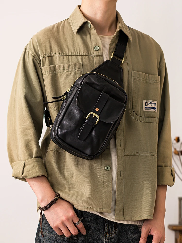 fashion designer handmade first layer cowhide men's black chest bag outdoor daily sports luxury genuine leather crossbody bag