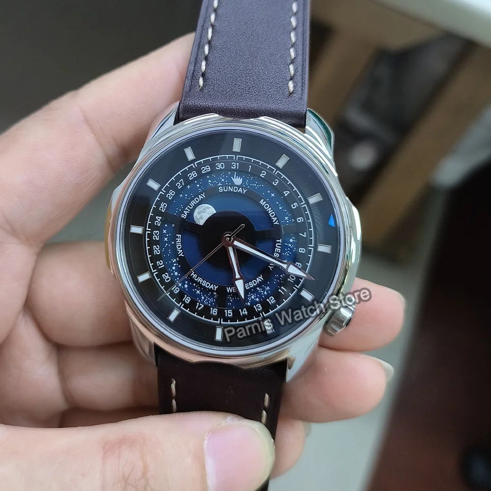 42mm Parnis Azul Romântico Céu Estrelado Mostrador Cristal de Safira Homens Relógio Automático de Aço Inoxidável