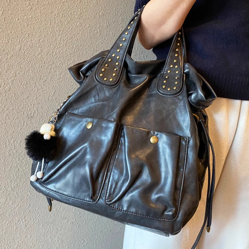 

High Quality Handbags New Retro Hand-scratched Drawstring Soft Leather Messenger Bag Shoulder Backpack for Women Sac a Main