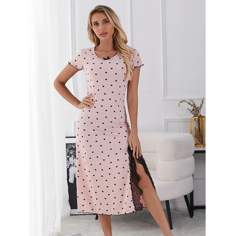 

Women's Round-neck nightgown Short-sleeve heart Nightwear Super Elastic slim pajamas large size Dress Slit mid-length homewear