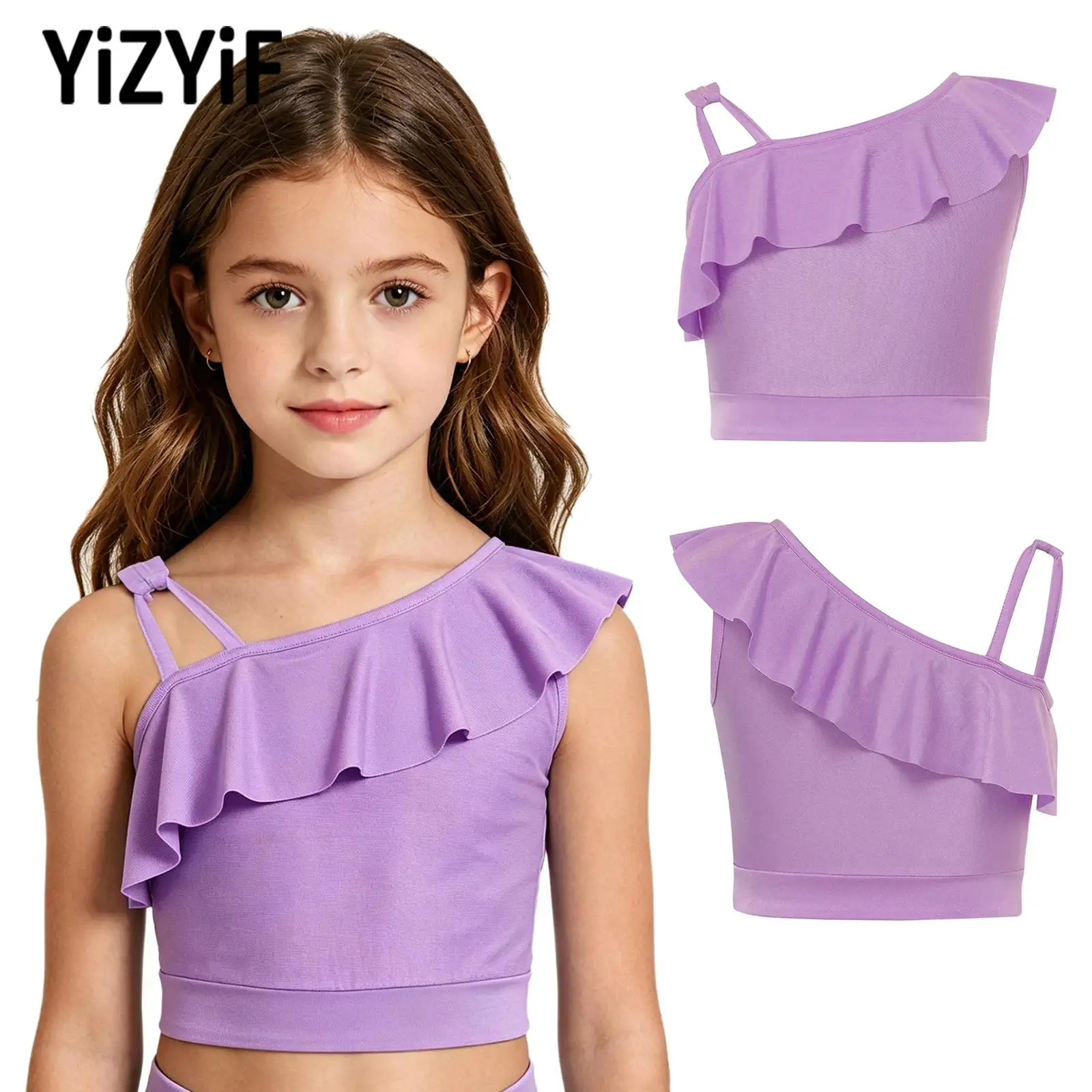 Kids Performance Asymmetrical Ruffle Crop Top Dance Comfortable Stretchy Breathable Lightweight Quick Dry for Yoga Practice Work