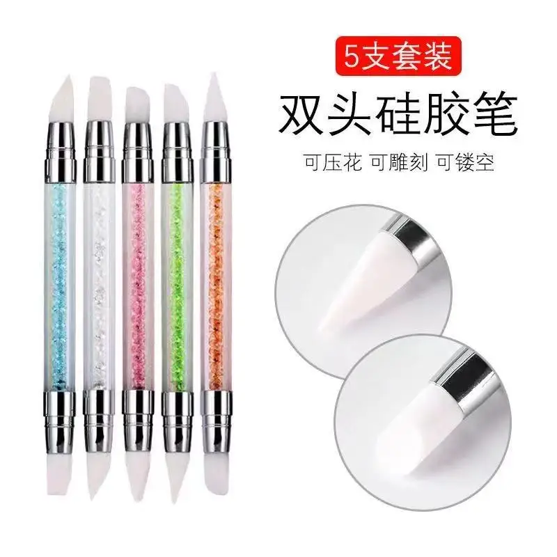 5Pcs Nail Art Silicone Brush Carving Painting Embossing Pen UV Gel DIY Polish Dual-Head Mirror Powder Sculpture Manicure Tool