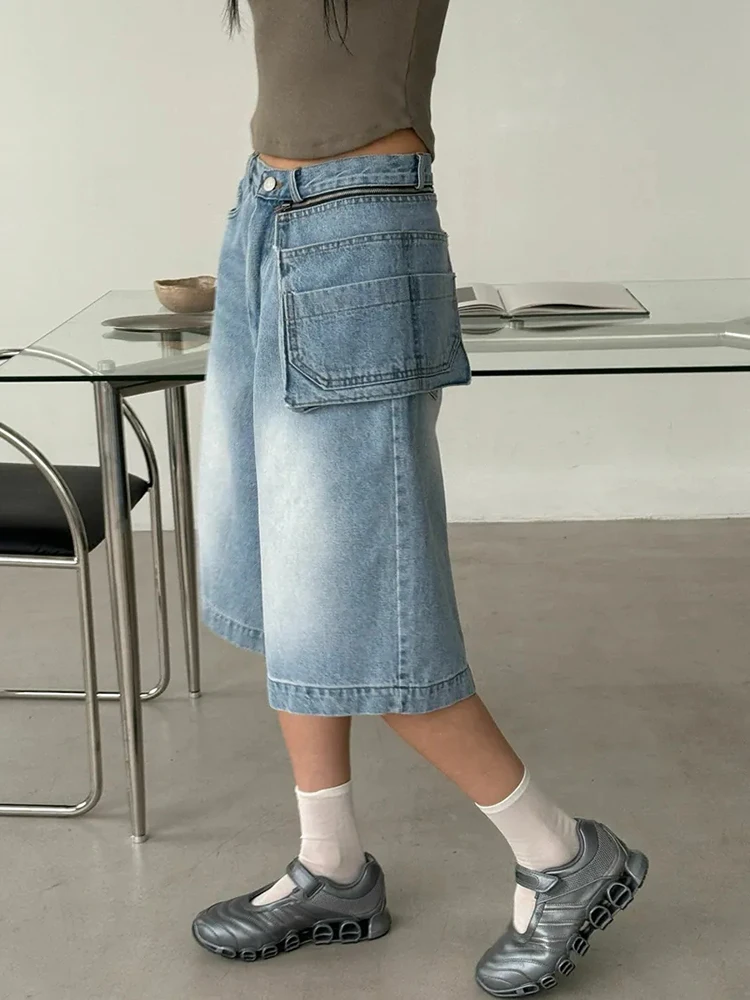 REDDACHiC Cargo Pocket Asymmetrical Jeans Jorts Women Solid Vintage Washed High Waist Denim Shorts Korean Casual Summer Clothes